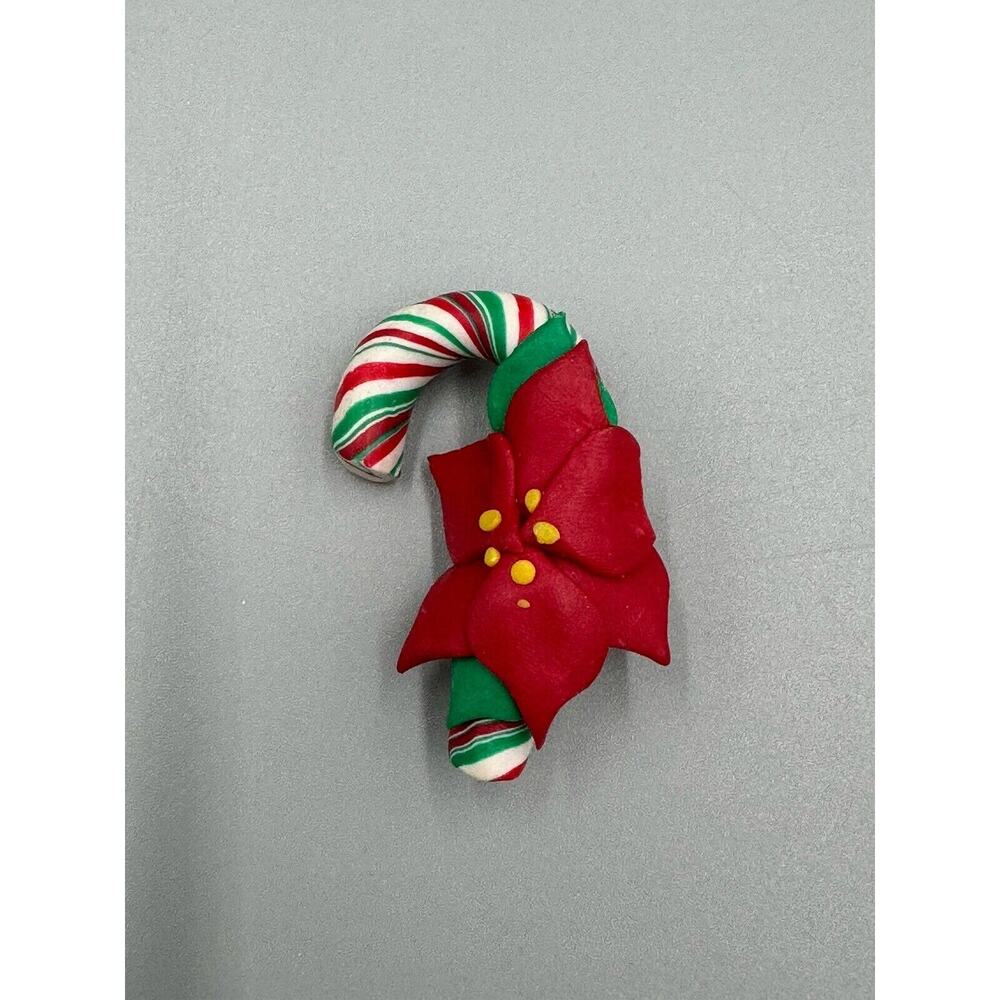 Vintage Candy Cane Covered In Holly Christmas Lapel Pin Brooch